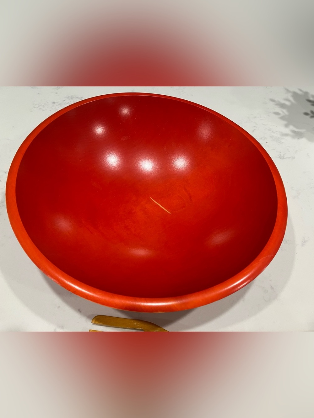 The Bowl Mill Granville VT Red Dyed Hardwood Salad Bowl + Matching Servers – 12” - Picture 2 of 6